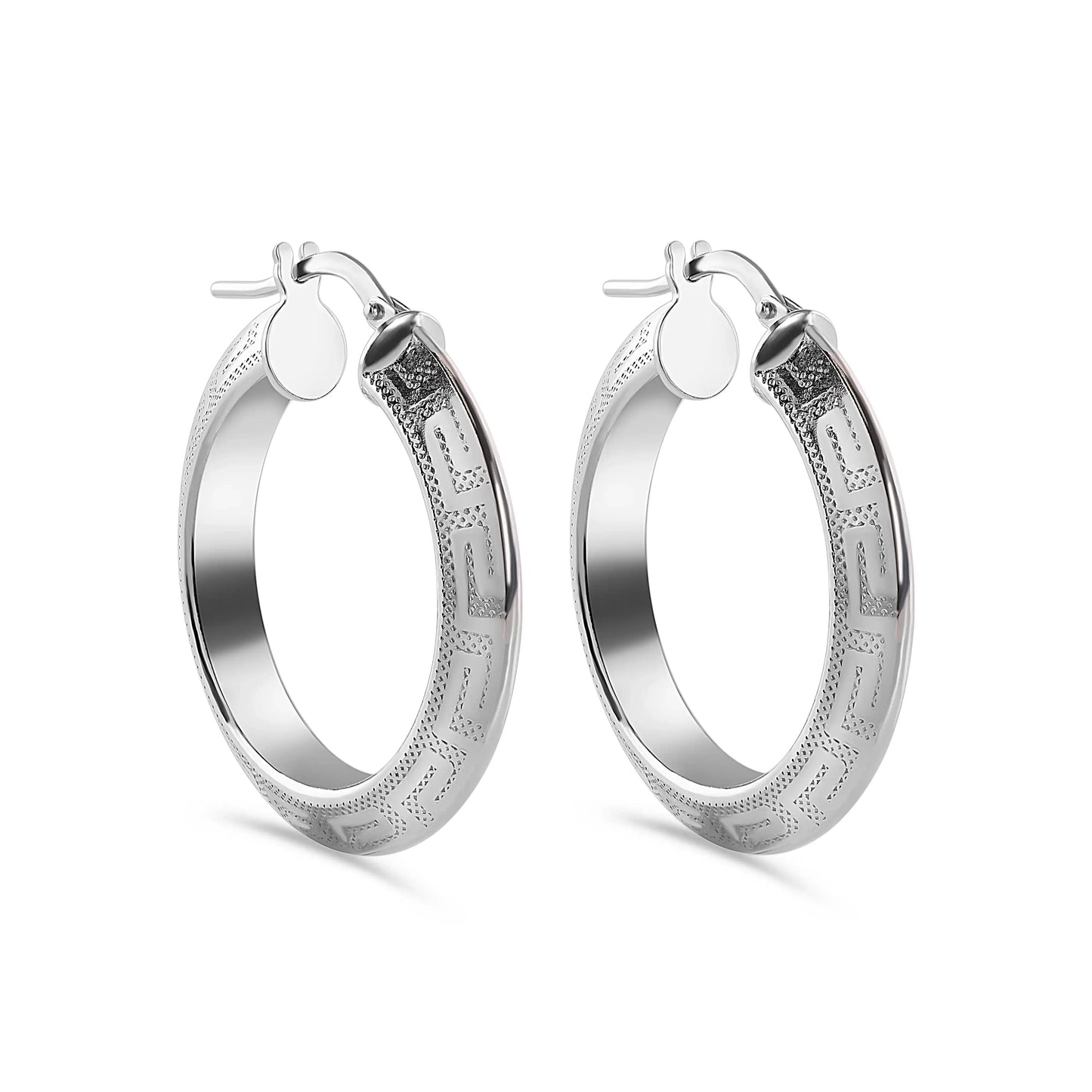 925 Sterling Silver Rhodium Plated Greek Key 4.3mm x 3.7mm Latch Earring