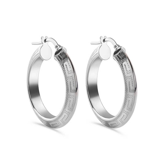 925 Sterling Silver Rhodium Plated Greek Key 4.3mm x 3.7mm Latch Earring