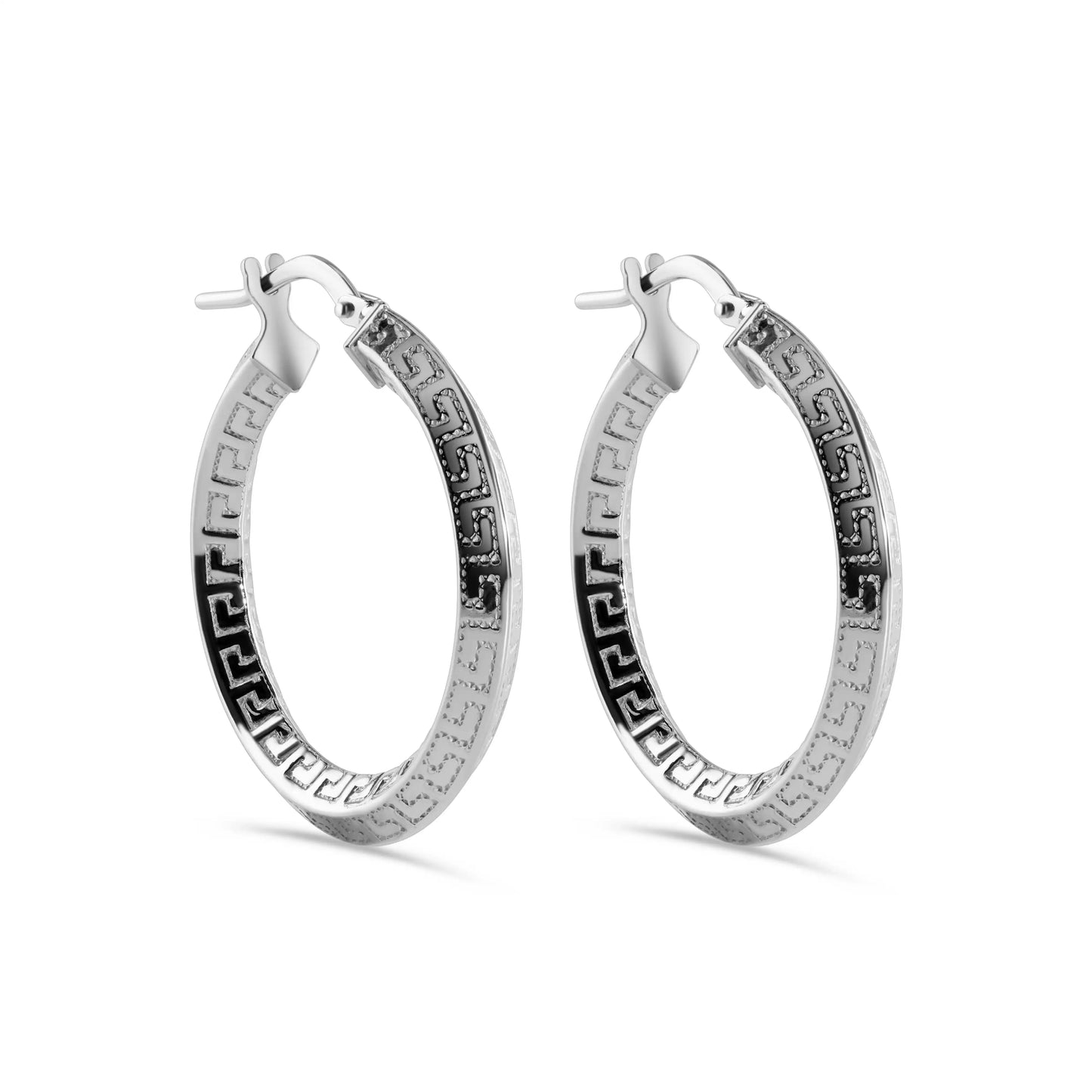 925 Sterling Silver Rhodium Plated Greek Key 3.7mm x 3.3mm Latch Earring