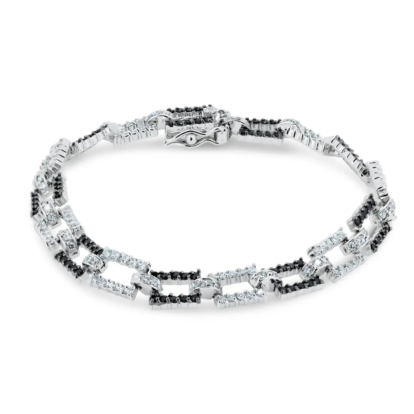 925 Sterling Silver Rhodium Plated Rectangle Link Bracelet with CZ