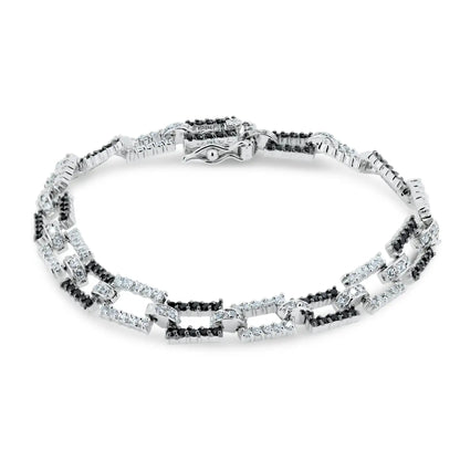 925 Sterling Silver Rhodium Plated Rectangle Link Bracelet with CZ