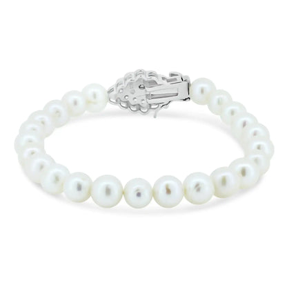 925 Sterling Silver Rhodium Plated Flower CZ Fresh Water Pearl Bracelet