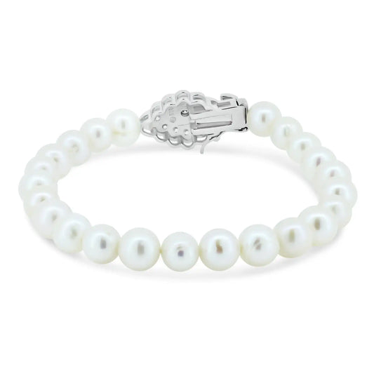 925 Sterling Silver Rhodium Plated Flower CZ Fresh Water Pearl Bracelet