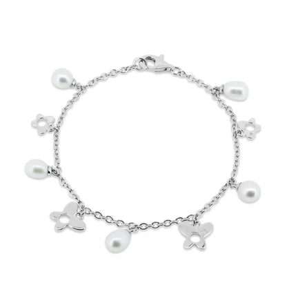 925 Sterling Silver Rhodium Plated Dangling Open Butterfly with Fresh Water Pearl Bracelet