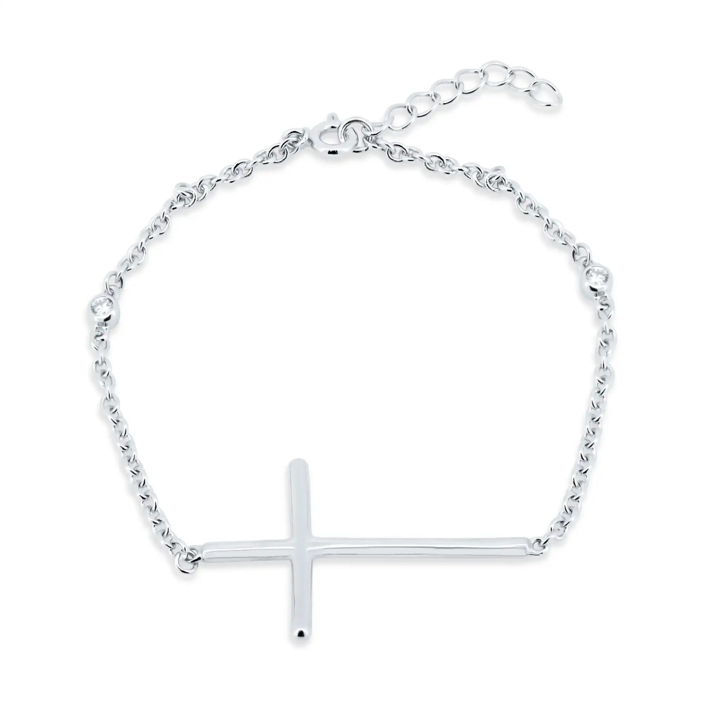 925 Sterling Silver Rhodium Plated Sideways Cross Bracelet with CZ