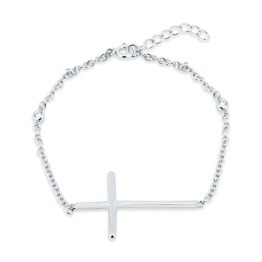 925 Sterling Silver Rhodium Plated Sideways Cross Bracelet with CZ