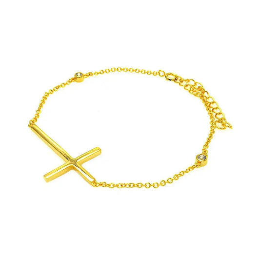 925 Sterling Silver Gold Plated Sideways Cross Bracelet
