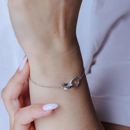925 Silver Rhodium Plated Double Ring Link CZ Bracelet