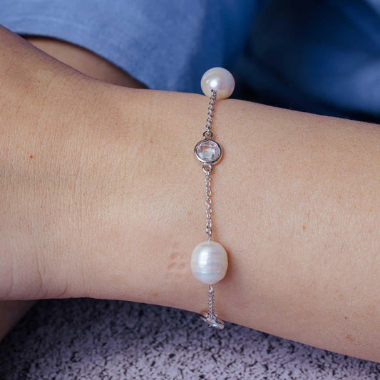 925 Sterling Silver Rhodium Plated Multi Pearl Clear CZ Bracelet