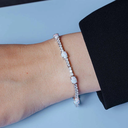925 Sterling Silver Rhodium Plated Oval Opal and Round CZ Tennis Bracelet