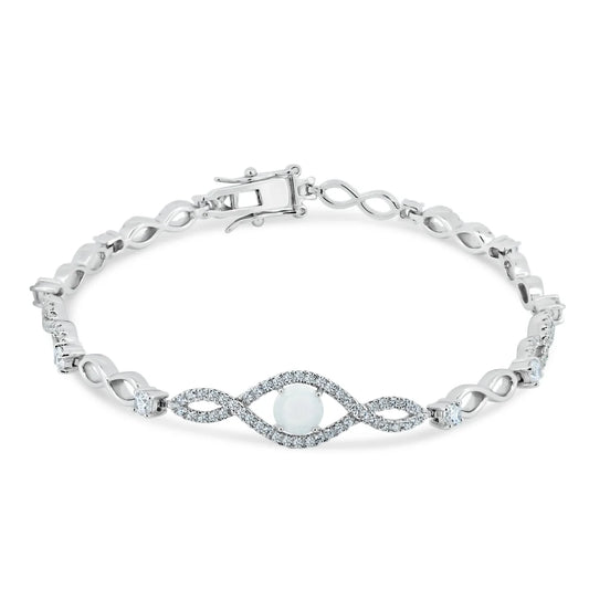 925 Sterling Silver Rhodium Plated CZ Eye Bracelet with Synthetic Opal
