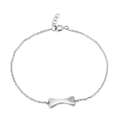 925 Sterling Silver Rhodium Plated CZ Dog Bone with CZ Heart Bracelet