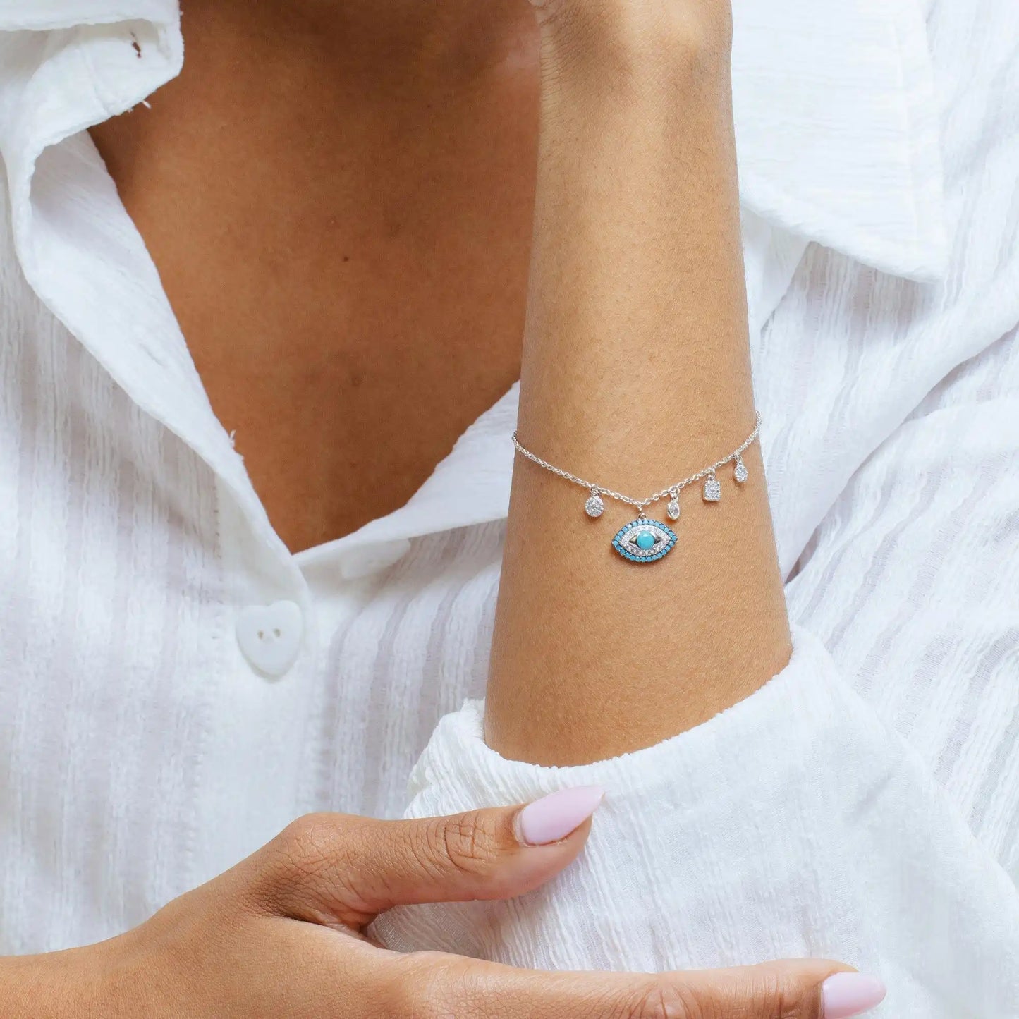 925 Sterling Silver Evil Eye Dangling Charms Turquoise and Clear CZ Bracelet