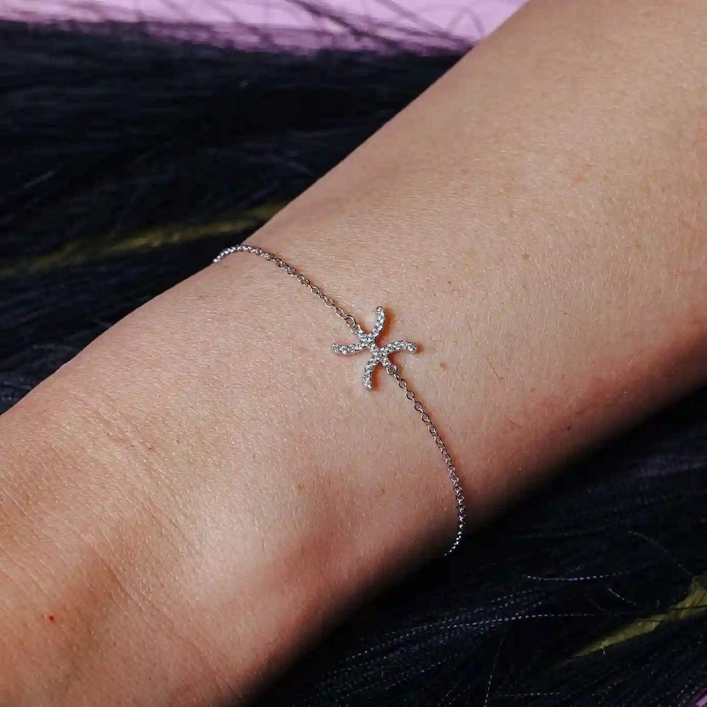 925 Sterling Silver Rhodium Plated Pisces Zodiac CZ Adjustable Link Bracelet