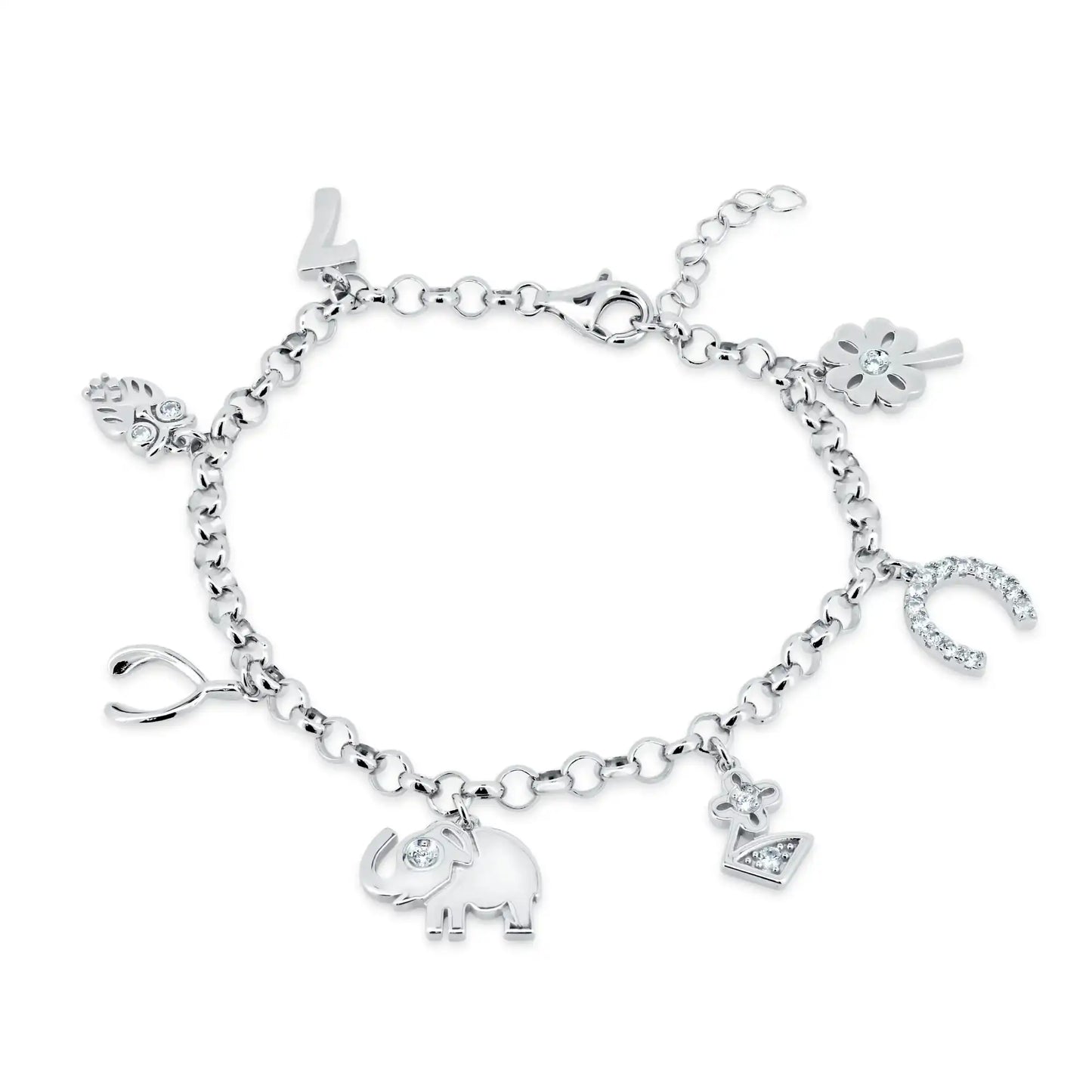 925 Sterling Silver Rhodium Plated Dangling CZ Animals Charm Good Luck Bracelet