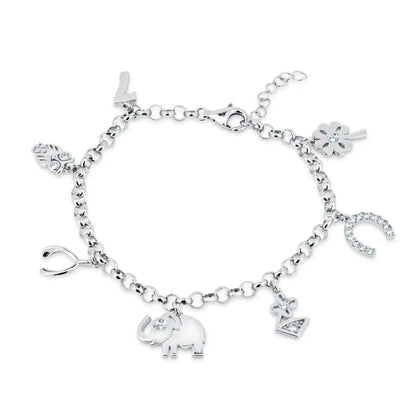 925 Sterling Silver Rhodium Plated Dangling CZ Animals Charm Good Luck Bracelet