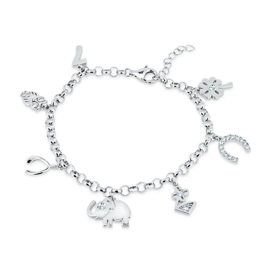 925 Sterling Silver Rhodium Plated Dangling CZ Animals Charm Good Luck Bracelet