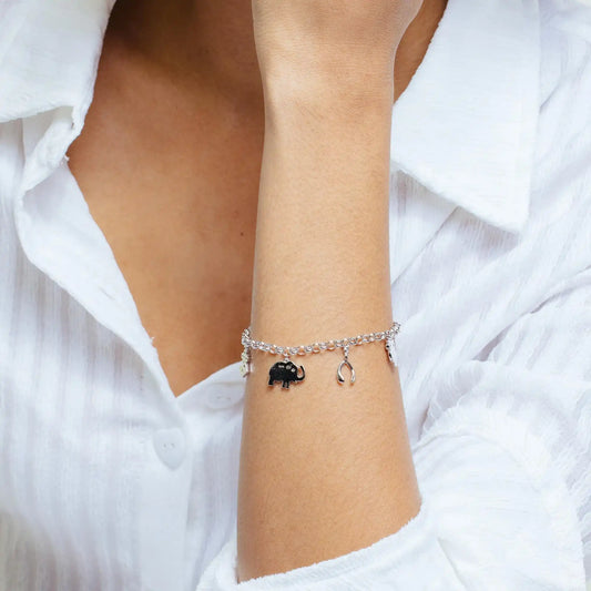 925 Sterling Silver Rhodium Plated Dangling CZ Animals Charm Good Luck Bracelet