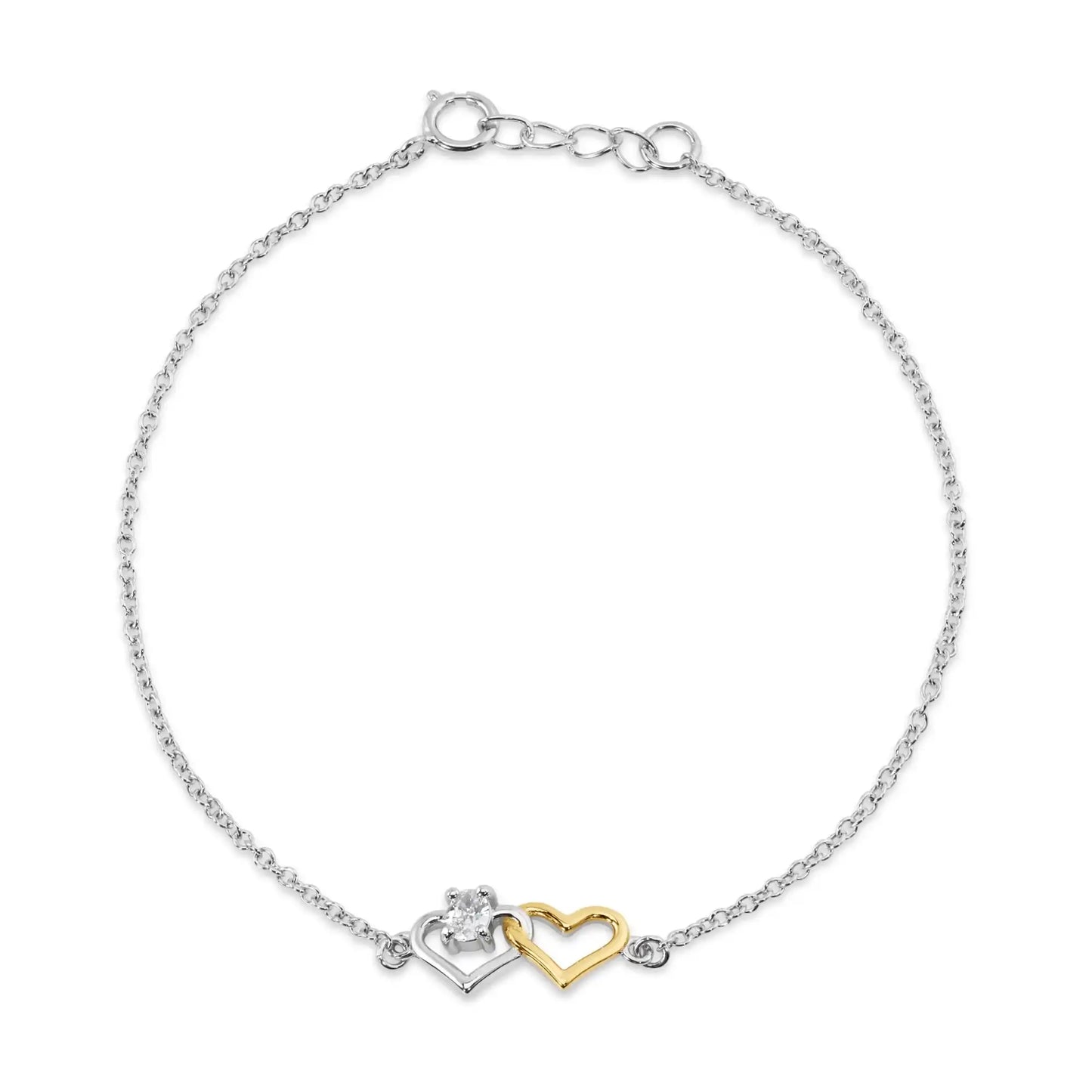925 Sterling Silver Rhodium and Gold Plated Heart Clear CZ Bracelet