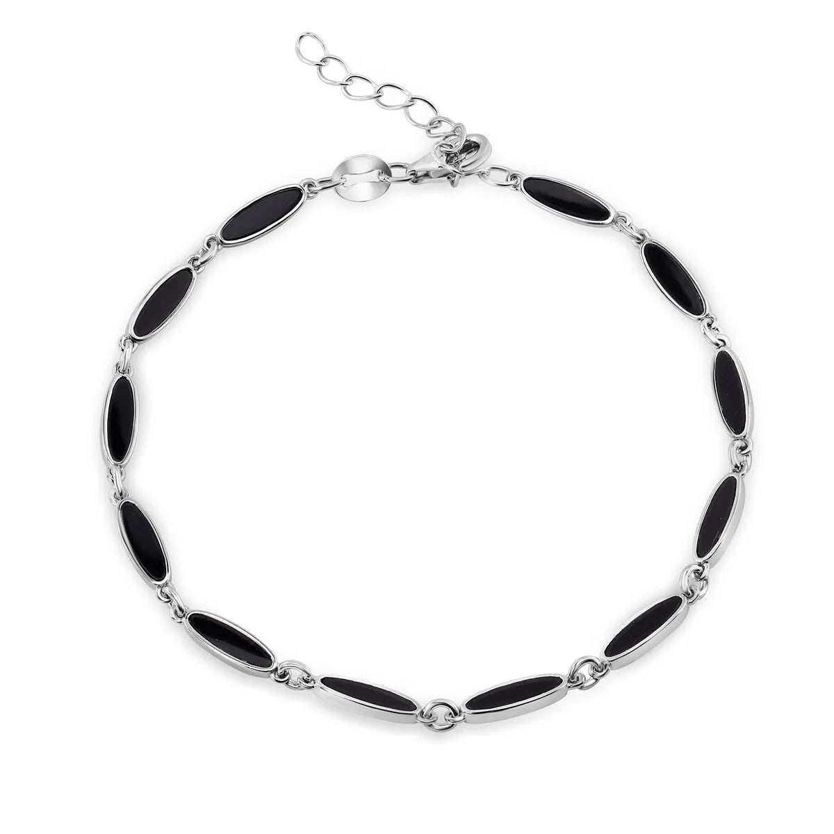 925 Sterling Silver Rhodium Plated Onyx Cat's Eye Link Bracelet