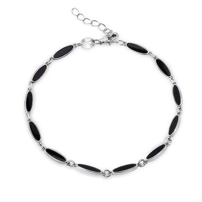 925 Sterling Silver Rhodium Plated Onyx Cat's Eye Link Bracelet