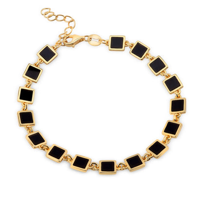 925 Sterling Silver Gold Plated Square Link Onyx Stone Bracelet