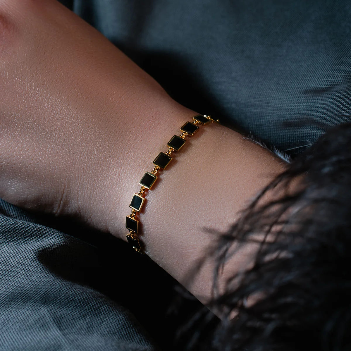925 Sterling Silver Gold Plated Square Link Onyx Stone Bracelet