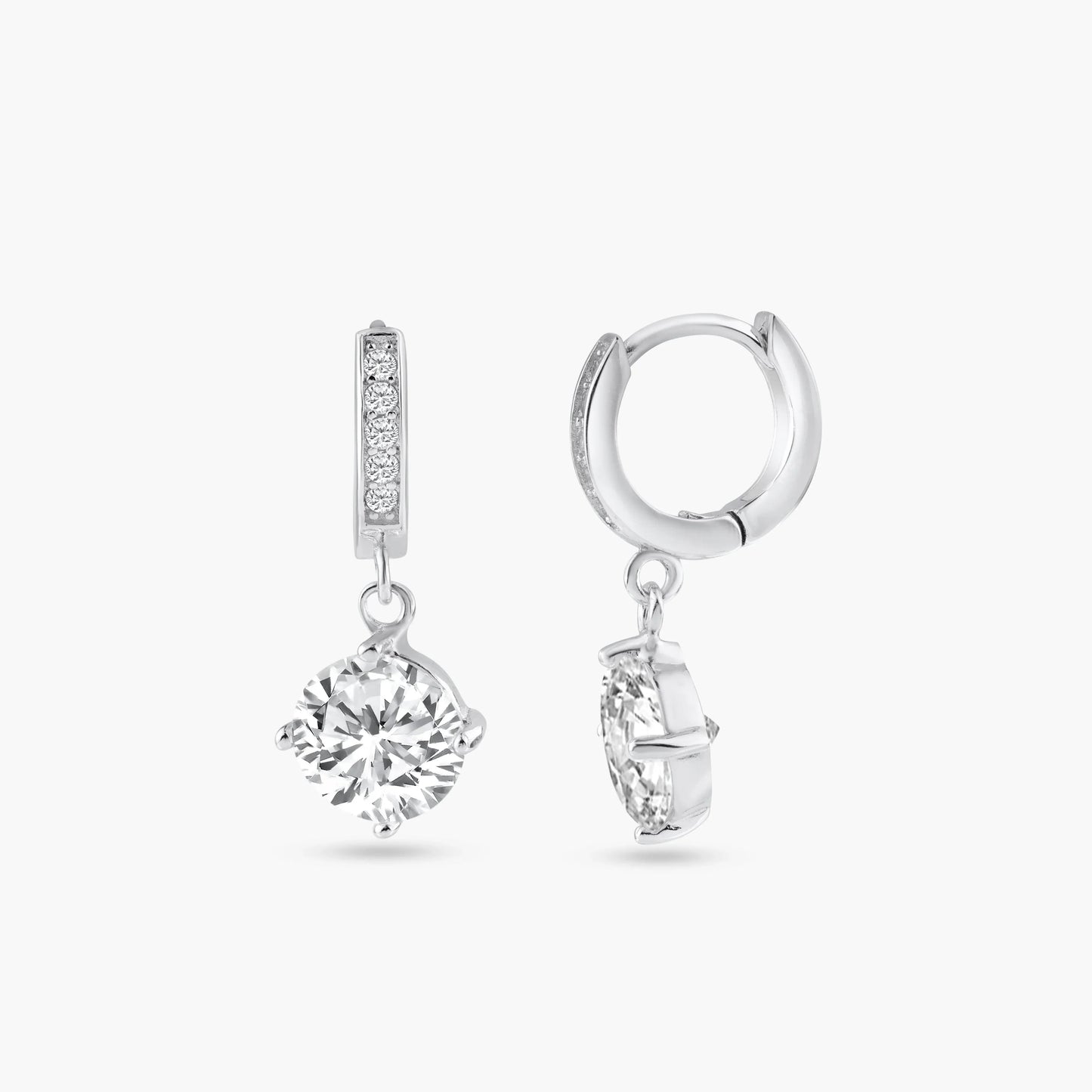 925 Sterling Silver Rhodium Plated Round Channel CZ Dangling huggie hoop Earrings