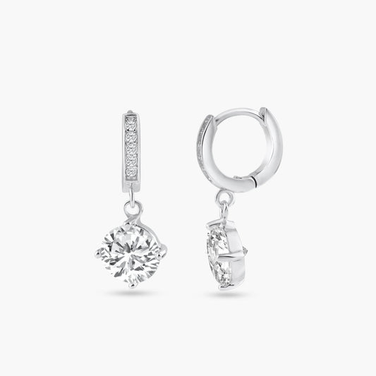 925 Sterling Silver Rhodium Plated Round Channel CZ Dangling huggie hoop Earrings