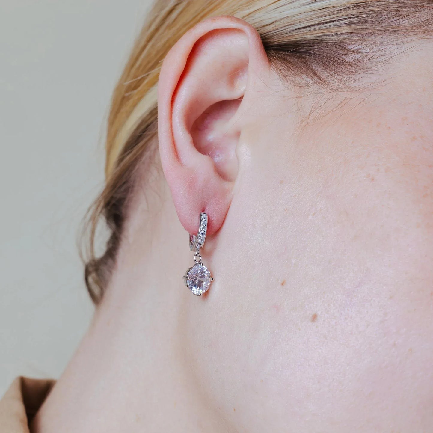 925 Sterling Silver Rhodium Plated Round Channel CZ Dangling huggie hoop Earrings