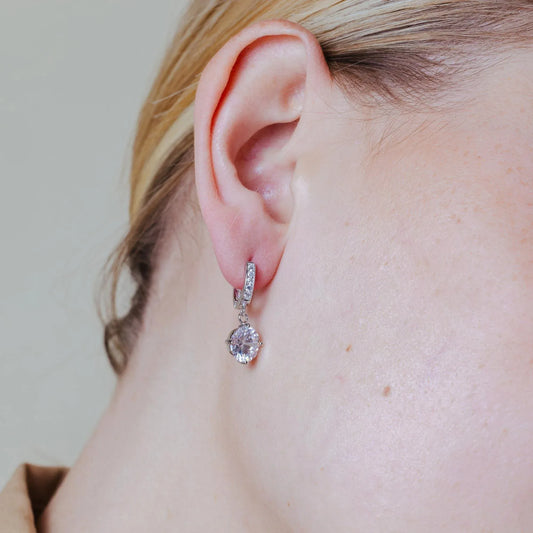925 Sterling Silver Rhodium Plated Round Channel CZ Dangling huggie hoop Earrings