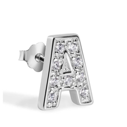925 Sterling Silver Rhodium Plated Letter Alphabet Clear CZ 8.8mm Stud Single Earring