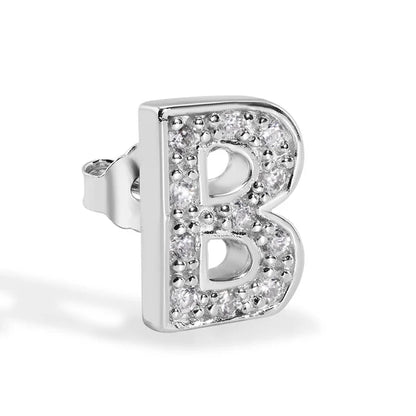 925 Sterling Silver Rhodium Plated Letter Alphabet Clear CZ 8.8mm Stud Single Earring