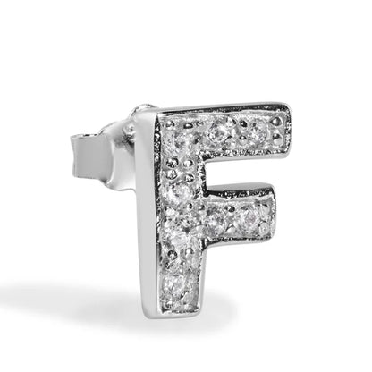 925 Sterling Silver Rhodium Plated Letter Alphabet Clear CZ 8.8mm Stud Single Earring