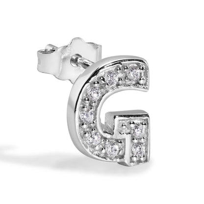 925 Sterling Silver Rhodium Plated Letter Alphabet Clear CZ 8.8mm Stud Single Earring
