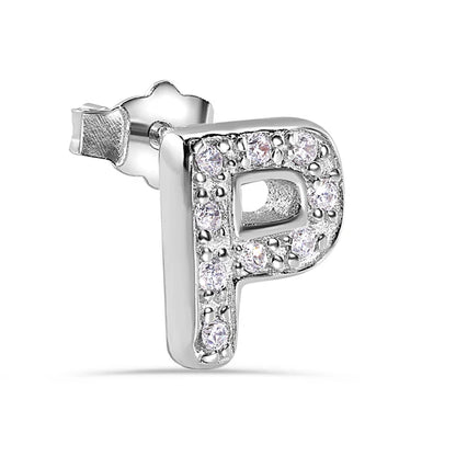 925 Sterling Silver Rhodium Plated Letter Alphabet Clear CZ 8.8mm Stud Single Earring
