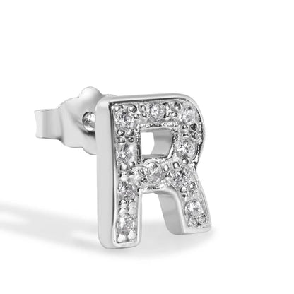 925 Sterling Silver Rhodium Plated Letter Alphabet Clear CZ 8.8mm Stud Single Earring