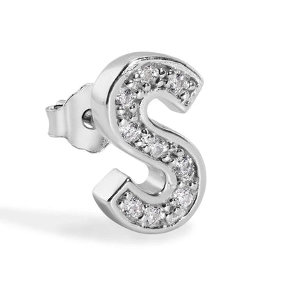 925 Sterling Silver Rhodium Plated Letter Alphabet Clear CZ 8.8mm Stud Single Earring