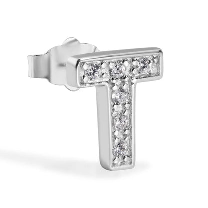 925 Sterling Silver Rhodium Plated Letter Alphabet Clear CZ 8.8mm Stud Single Earring
