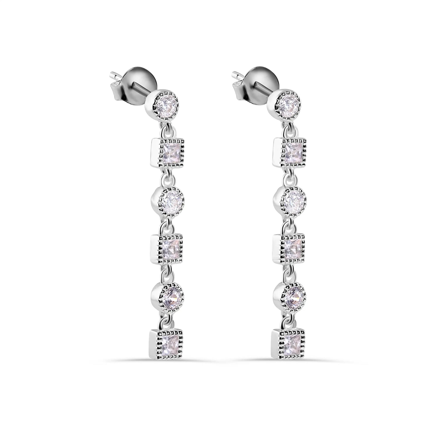 925 Sterling Silver Rhodium Plated Round and Square Dangling Clear CZ Stud Earrings