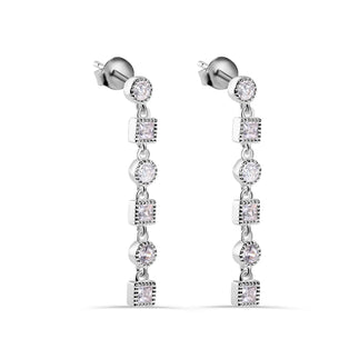 925 Sterling Silver Rhodium Plated Round and Square Dangling Clear CZ Stud Earrings