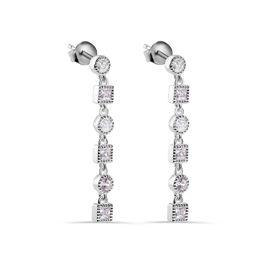 925 Sterling Silver Rhodium Plated Round and Square Dangling Clear CZ Stud Earrings