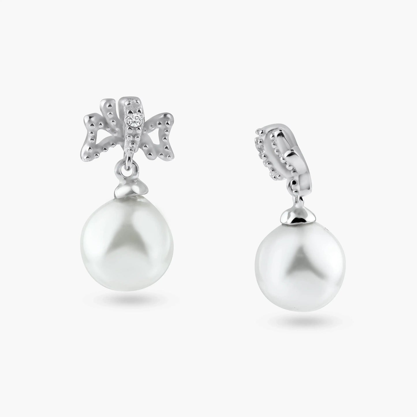 925 Sterling Silver Rhodium Plated Ribbon CZ Hanging Pearl Stud Earrings