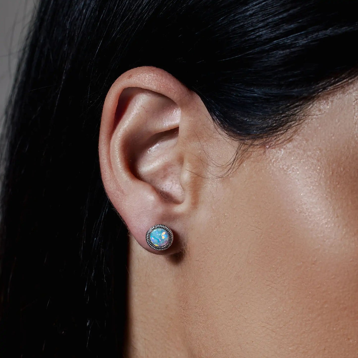 925 Sterling Silver Rhodium Plated Round Synthetic Opal Stud Earrings