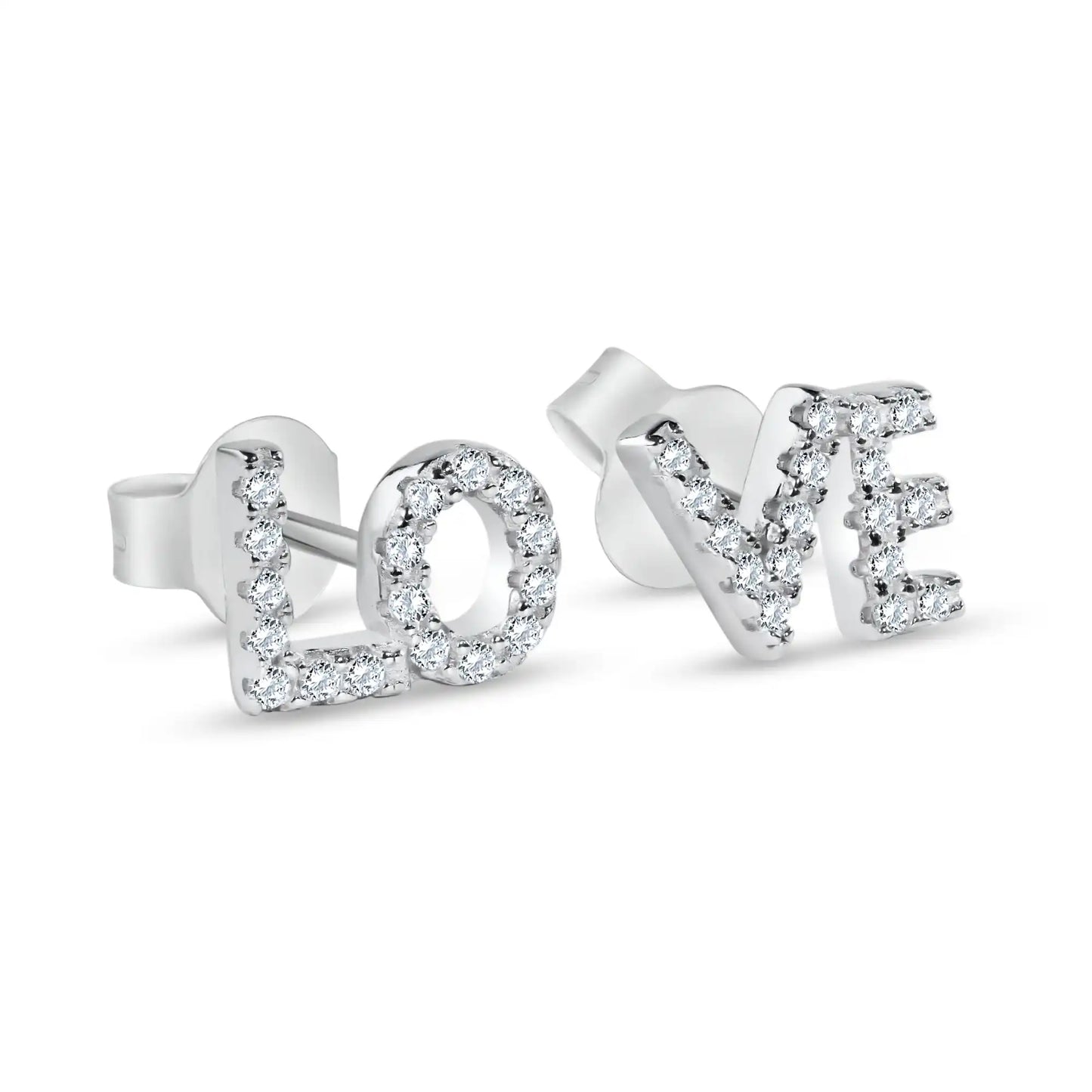 925 Sterling Silver Rhodium Plated Love Clear CZ Stud Earrings