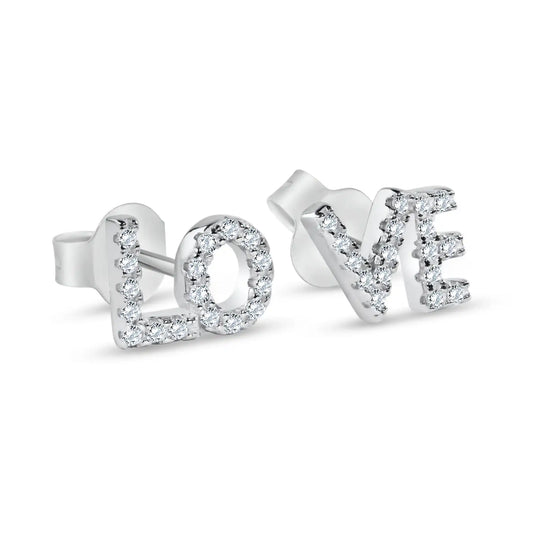 925 Sterling Silver Rhodium Plated Love Clear CZ Stud Earrings