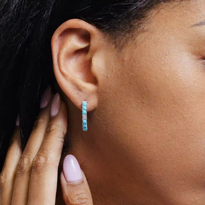 925 Sterling Silver Rhodium Plated Semi Hoop Turquoise CZ Semi Hoop Earring