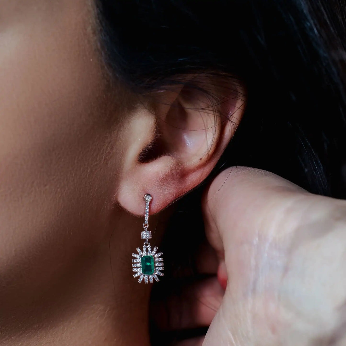 925 Sterling Silver Rhodium Plated Dangling Green CZ Stud Earrings