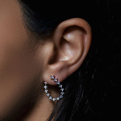 925 Sterling Silver Rhodium Plated Indented Semi Hoop Square Cut Clear CZ Stud Earrings