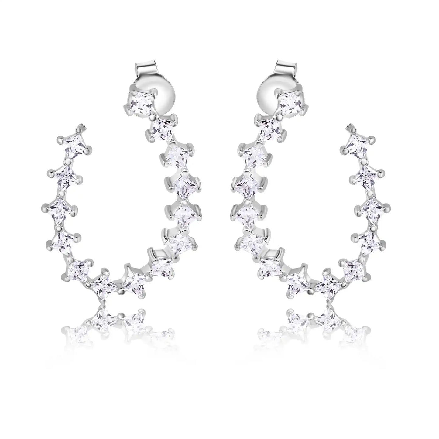 925 Sterling Silver Rhodium Plated Indented Semi Hoop Square Cut Clear CZ Stud Earrings